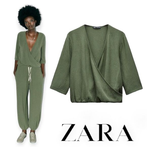 ZARA | Khaki | TEXTURED SURPLICE TOP - Picture 1 of 11